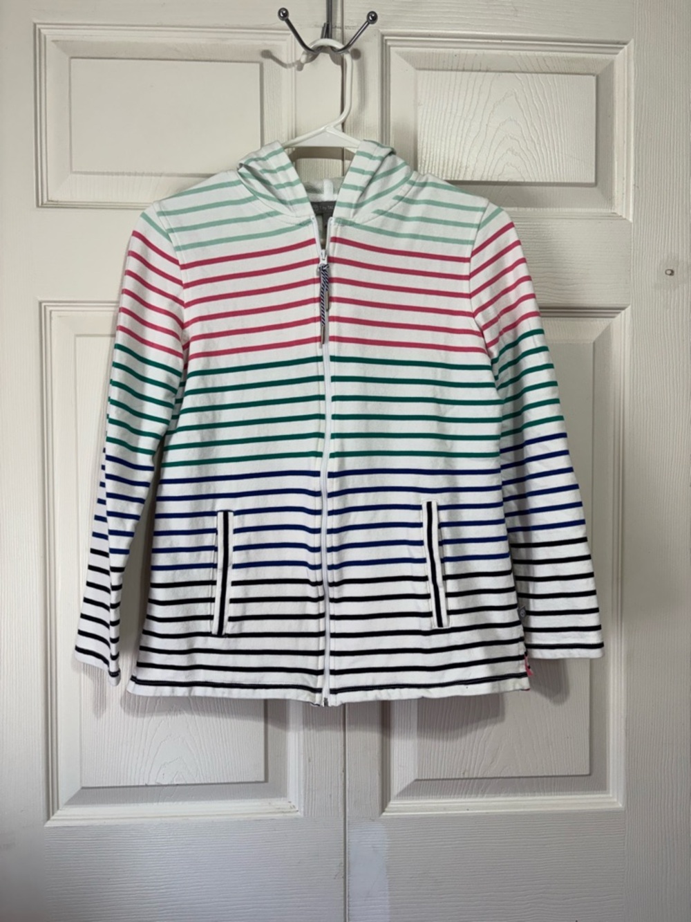 Talbots White Zip-Front Hoodie with Multicolor Stripes